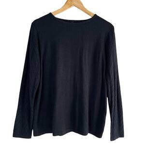 Tanjay Black Crewneck Knit‎ Sweater Perforated Knit Sleeves, Size Medium